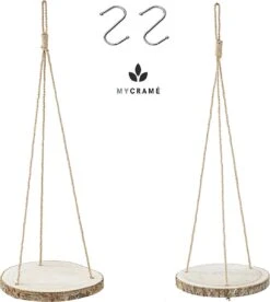 Set Van 2 Boomstam Rond Wandrek Plantenhangers - Boho Jute Houten Plantenrek - Hangpot Voor Binnen/Buiten - Hangende Bloempot Plank - Hangplant Houder - Bohemian Macrame Stijl Wandhanger - Hangplank Plant Hanger - Planthanger - Ø Rond 25-20cm -Tuingereedschaps Winkel 1073x1200