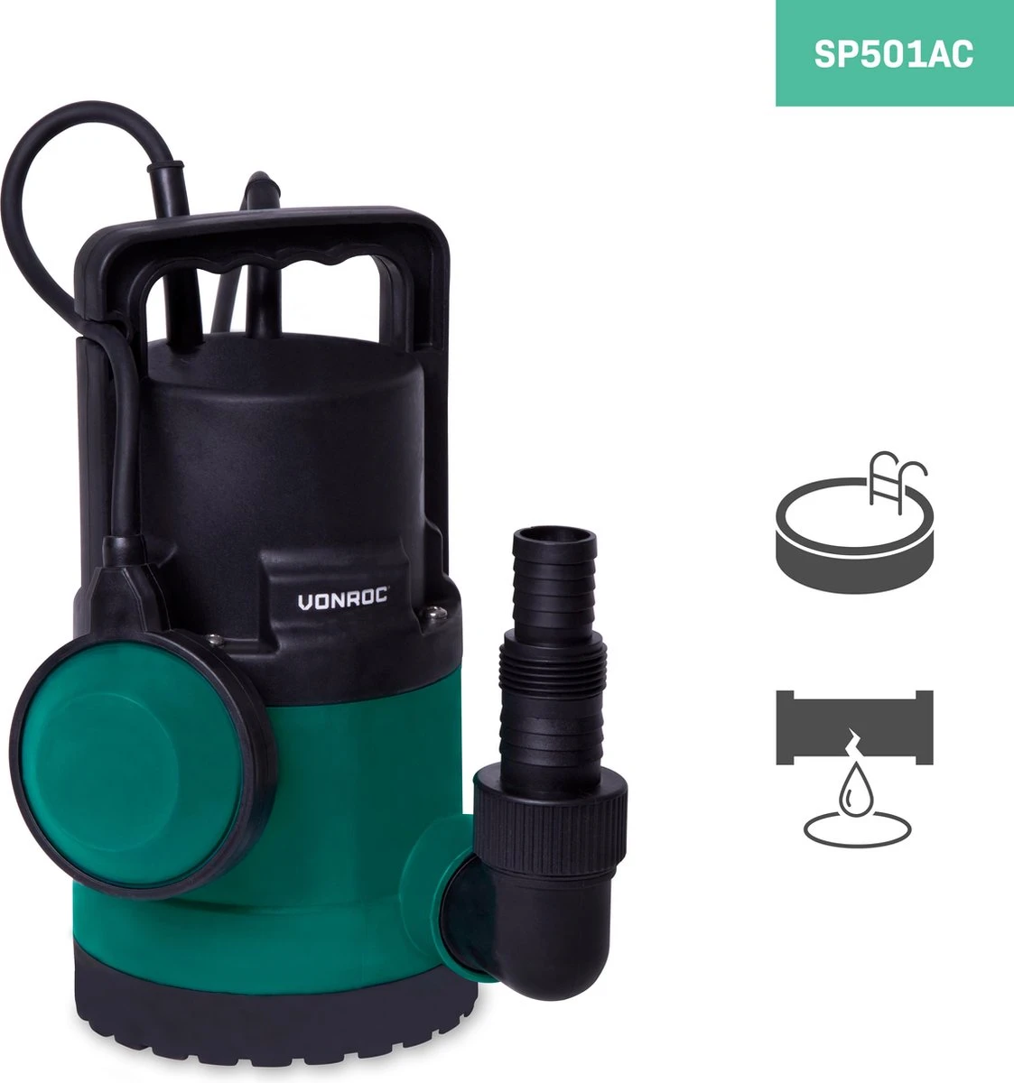 VONROC Dompelpomp/Waterpomp 300W - 6500l/h - Voor Schoon En Licht Vervuild Water - Met Vlotter 5 VONROC Dompelpomp/Waterpomp 300W - 6500l/h - Voor Schoon En Licht Vervuild Water - Met Vlotter - Afbeelding 5