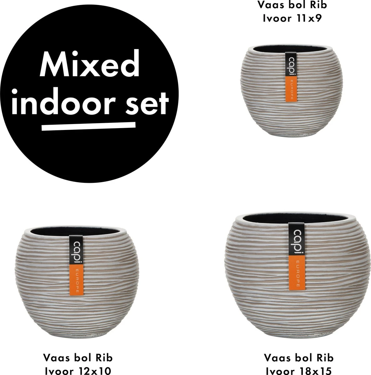 Capi Europe - Set Van 3 - Bloempot Binnen - Rib Ivoor 2 Capi Europe - Set Van 3 - Bloempot Binnen - Rib Ivoor - Afbeelding 2