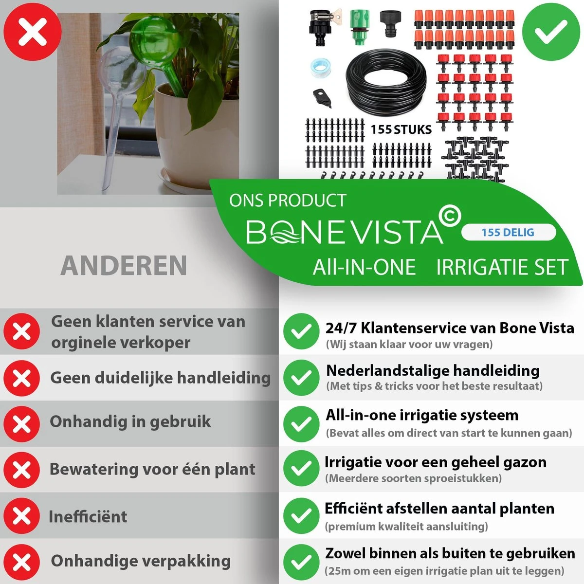 Bone Vista® 155 Stuks Water Druppelslang Irrigatiesysteem Tuin – Bewateringssysteem & Druppelsysteem 3 Bone Vista® 155 Stuks Water Druppelslang Irrigatiesysteem Tuin – Bewateringssysteem & Druppelsysteem - Afbeelding 3